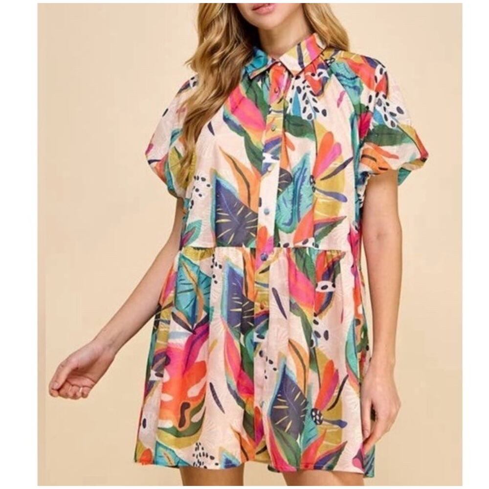 Hausen Dress Size S Tropical Floral Print Tiered Colorful Lined Resortwear Swing